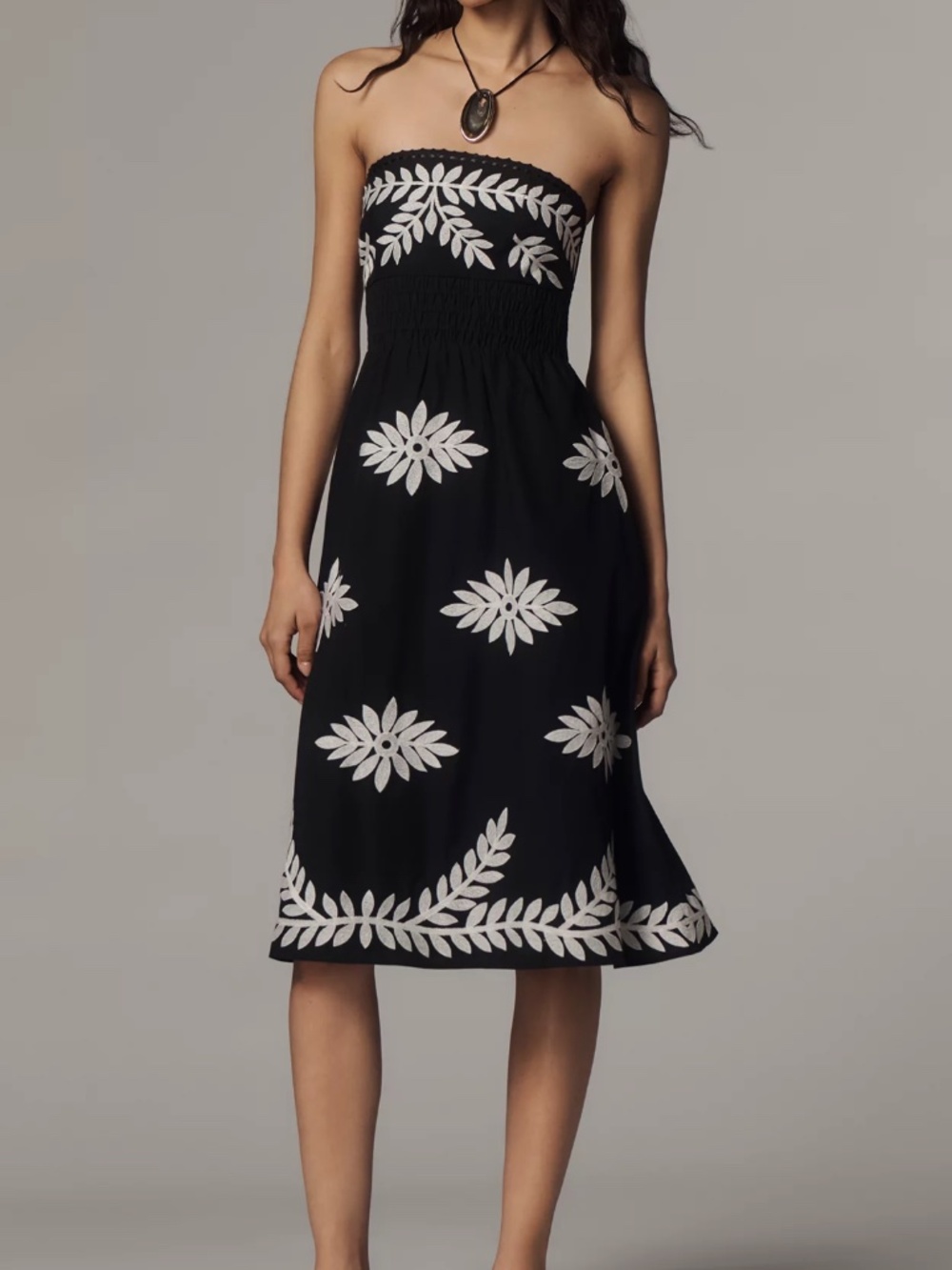 By Anthropologie Strapless Smocked Midi Dress - NWT - Black with white appliqué